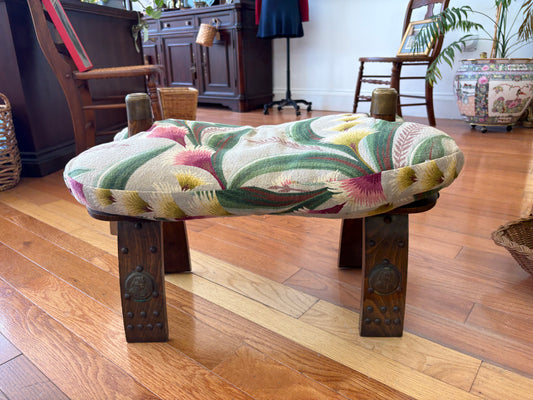 Vintage Egyptian Camel Saddle Stool – Floral Upholstered Wood & Brass, 23.5″