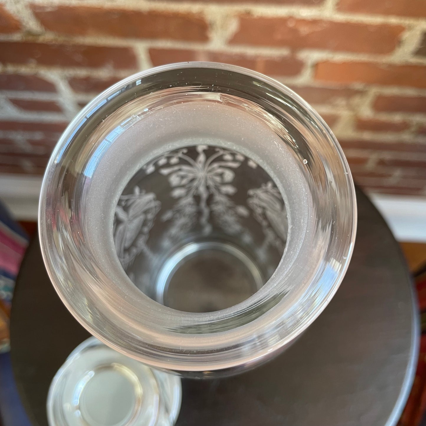 Tall Etched Glass Decanter with Stopper, Floral Design