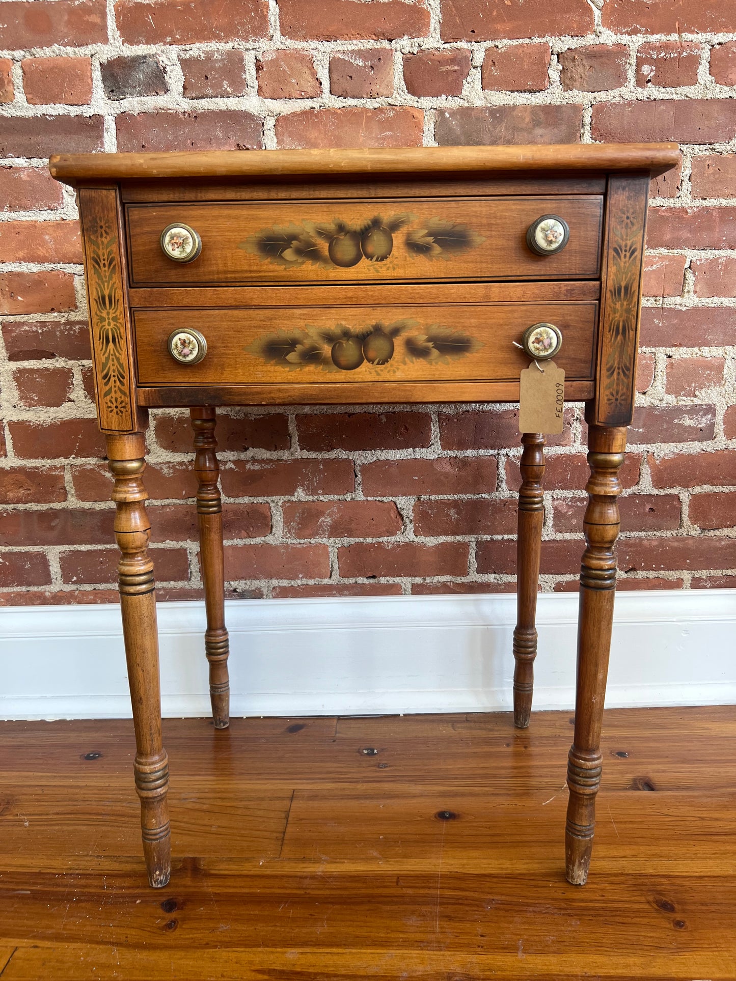 Antique Hitchcock Two-Drawer Side Table with Stenciled Fruit Design