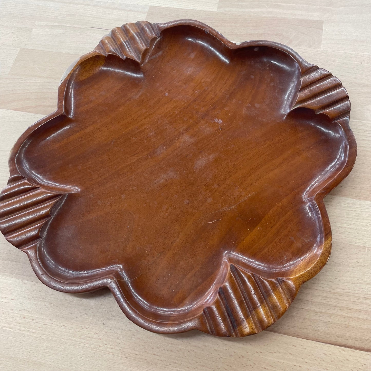 Vintage 70s Monkey Pod Wood Heart Tray Set – 5-Piece Carved Serving Dishes