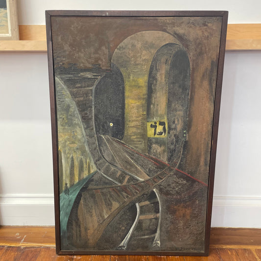 Large Brutalist Oil Painting of Subway Tunnel by K. Parker – Urban Industrial Abstract Art