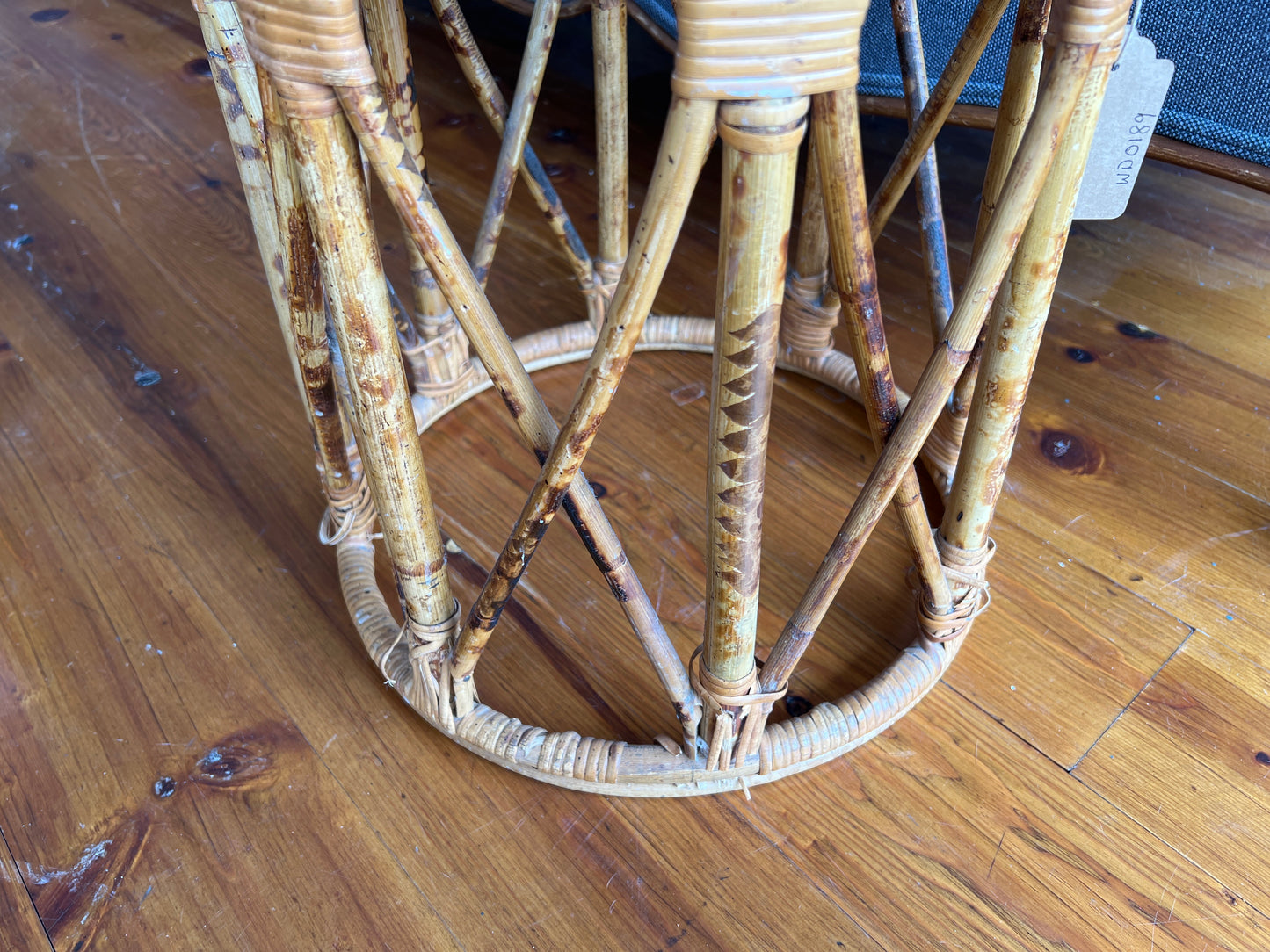 1960s Burnt Bamboo Drum Table – Tortoise Cane Plant Stand or Boho Side Table