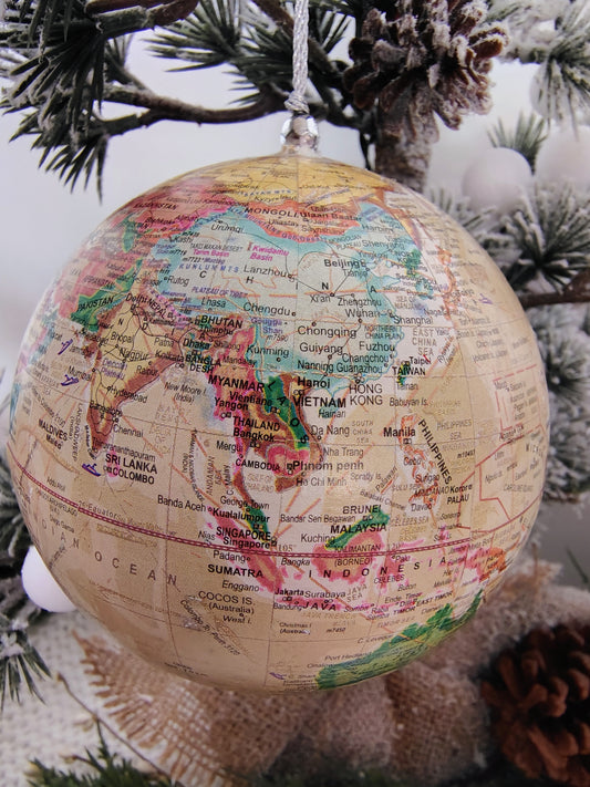 “Joy to the World” Paper Mâché Globe Christmas Ornament – Vintage Map Design