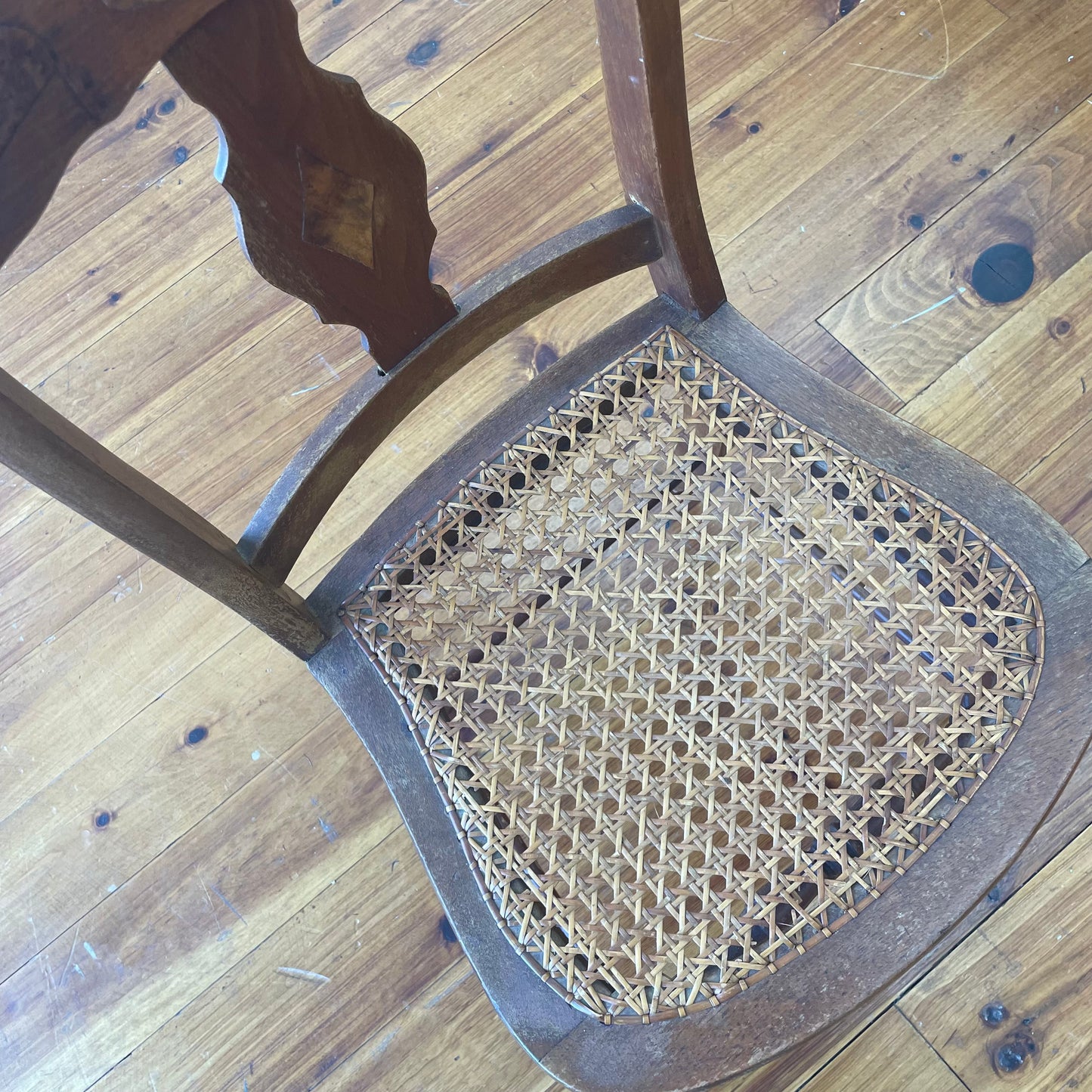Vintage Wooden Cane Chair with Diamond-Back Detail