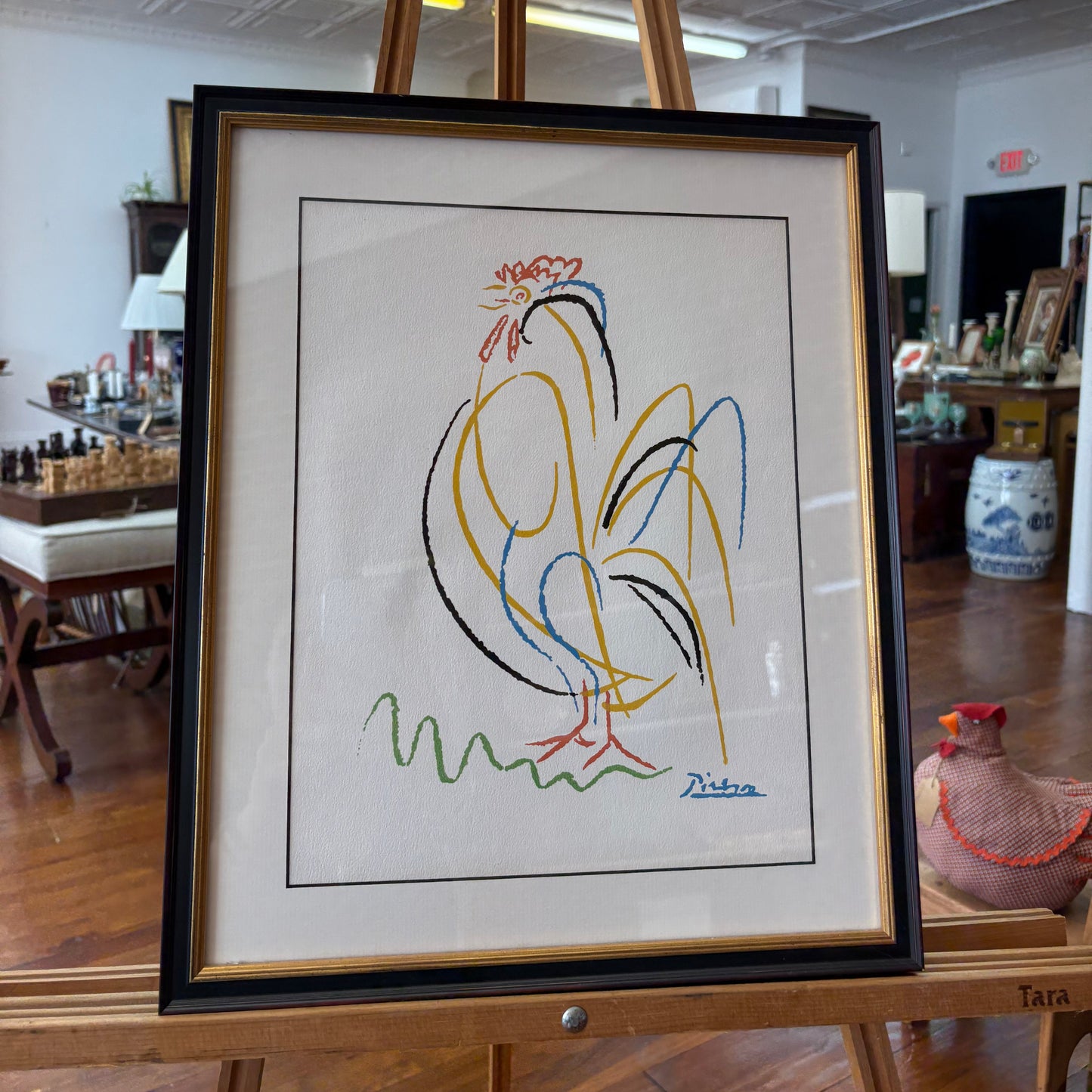 Picasso-Inspired “Le Coq” Line-Drawing Print – Mid-Century Modern Black/Gold Frame 17″