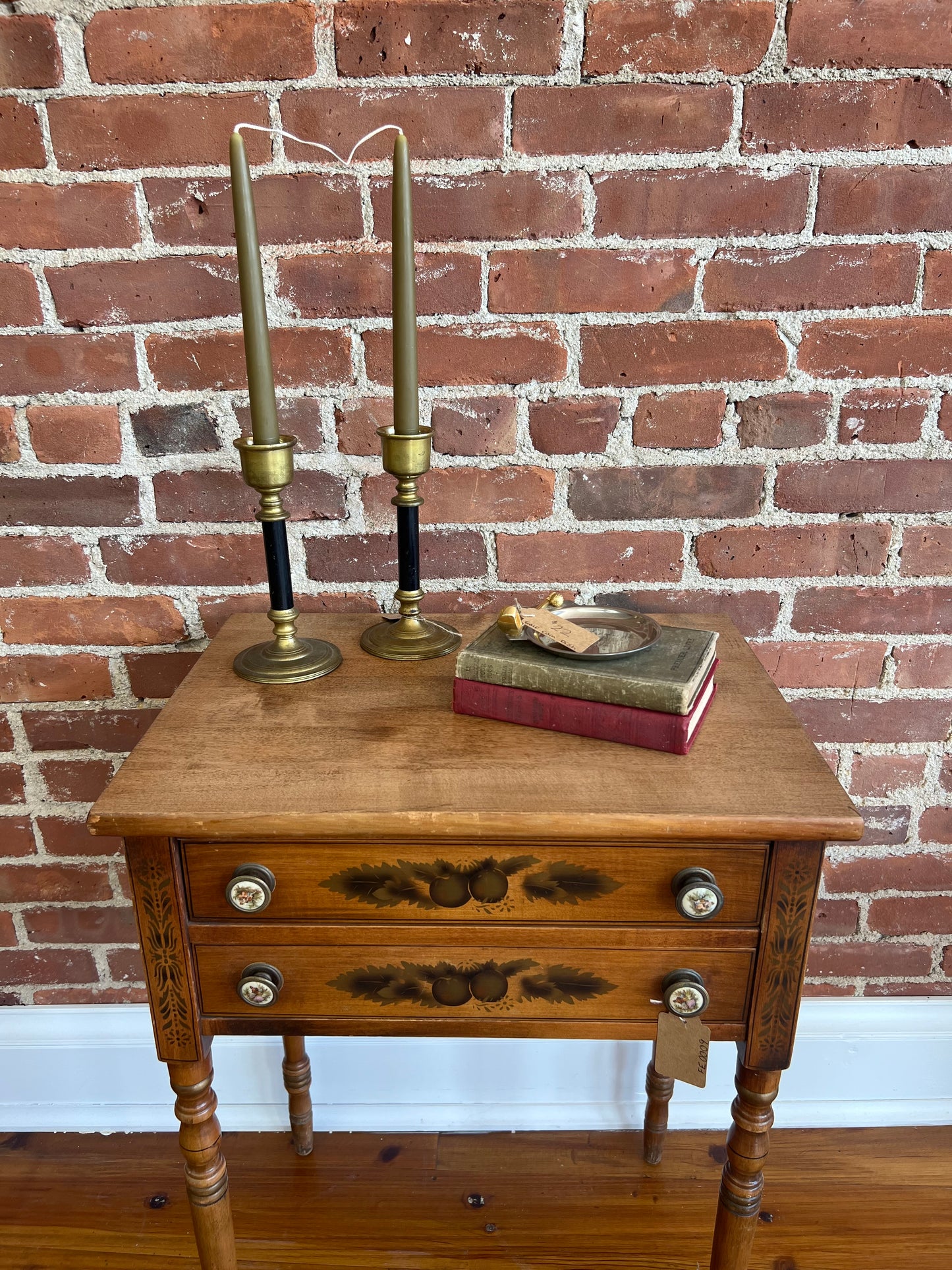 Antique Hitchcock Two-Drawer Side Table with Stenciled Fruit Design