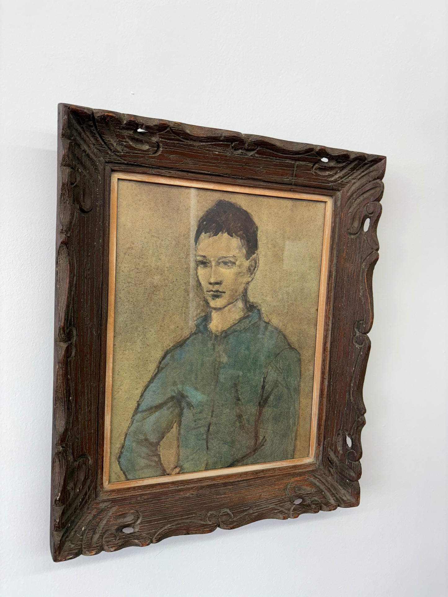 “Blue Boy” After Picasso – Framed Blue-Period Portrait Painting, 18" x 15"