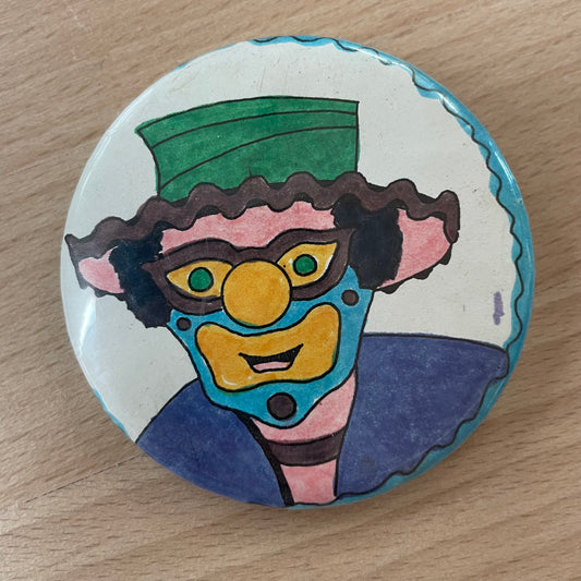 Vintage Colorful Clown Illustration Pinback Button – 2.5” Diameter Collectible