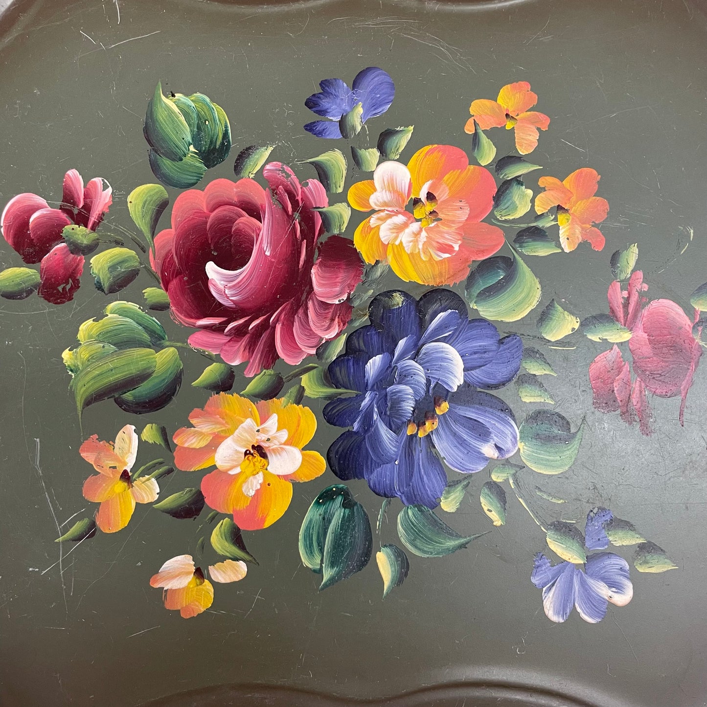 Hand-Painted Nashco Green Tole Tray with Floral Design, 1950s Vintage
