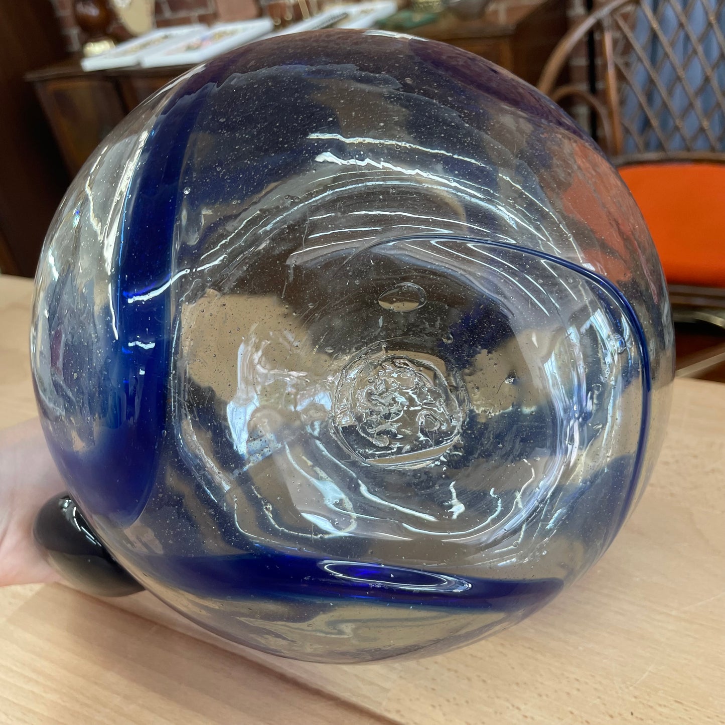 Hand Blown Mexican Glass Pitcher with Blue Swirl Design and Curved Handle