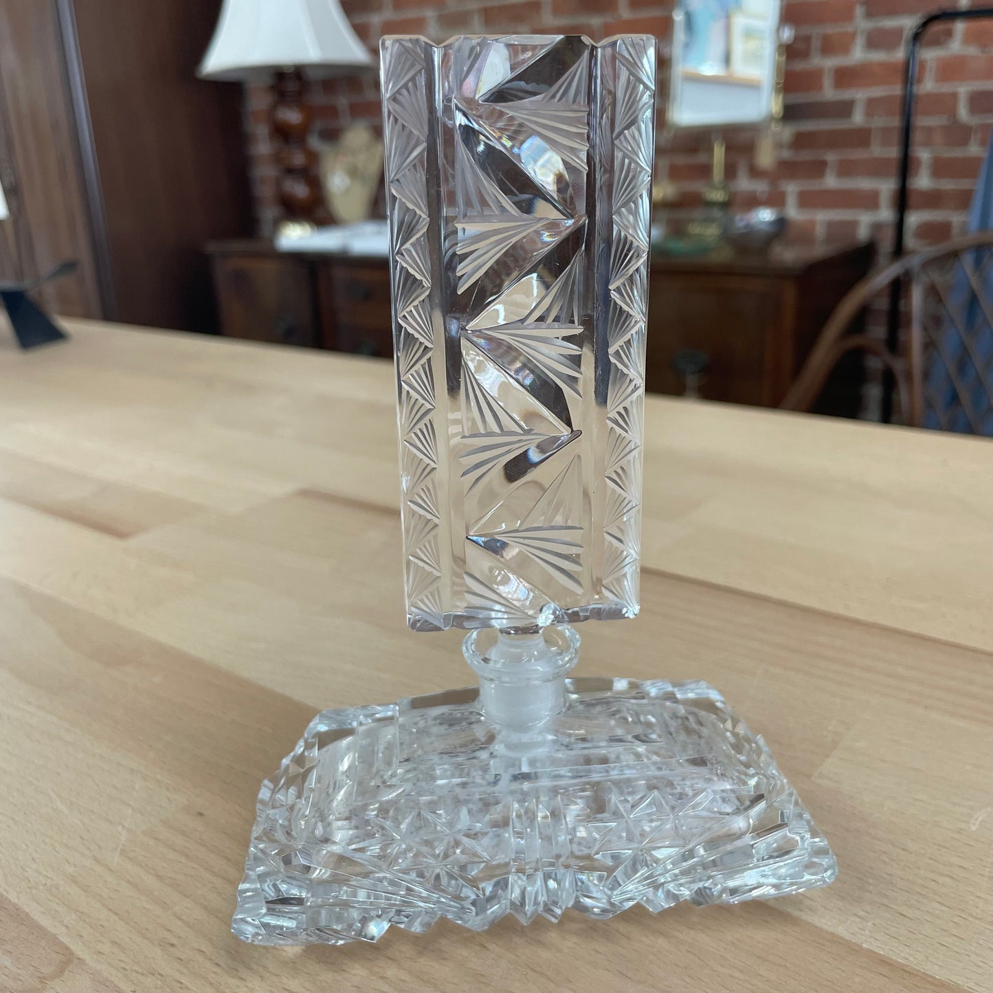 Vintage Czechoslovakia Cut Crystal Perfume Bottle with Geometric Stopper