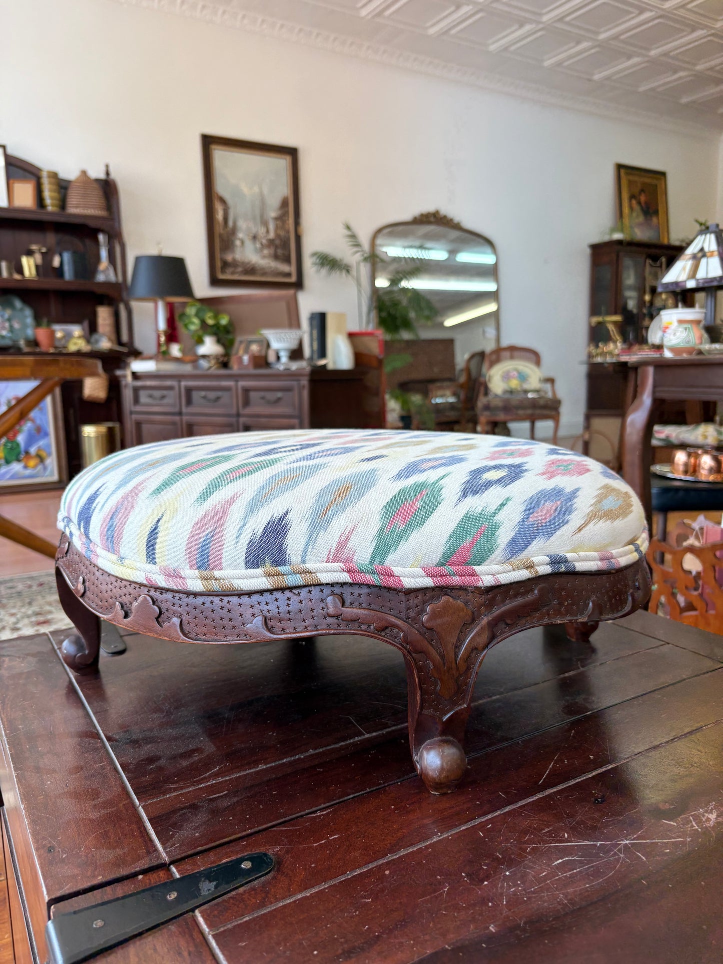 Vintage Carved Footstool – Ikat Upholstery, Cabriole Legs, 22″ × 19″ × 7″