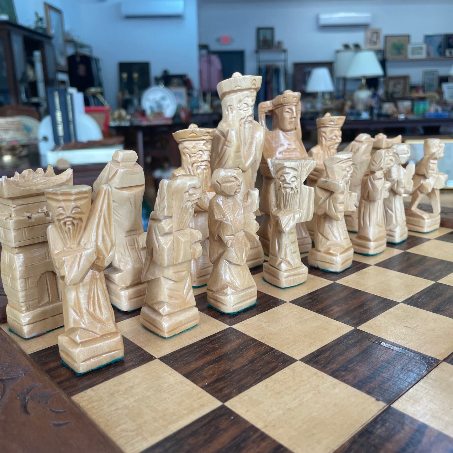 Hand-Carved Wooden Chess Set – Folding 18″ Board w/ Drawers & Brass Handles