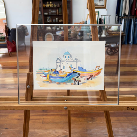 Greece Watercolor Painting of Boats & Chapel Scene by Sami K (Framed)
