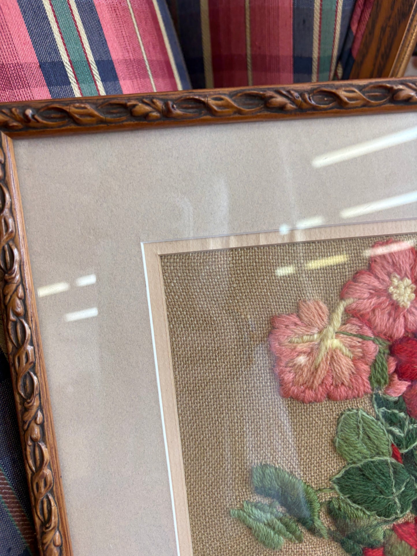 Mid-Century Framed Floral Embroidery – Vibrant Nasturtium Needlework Art