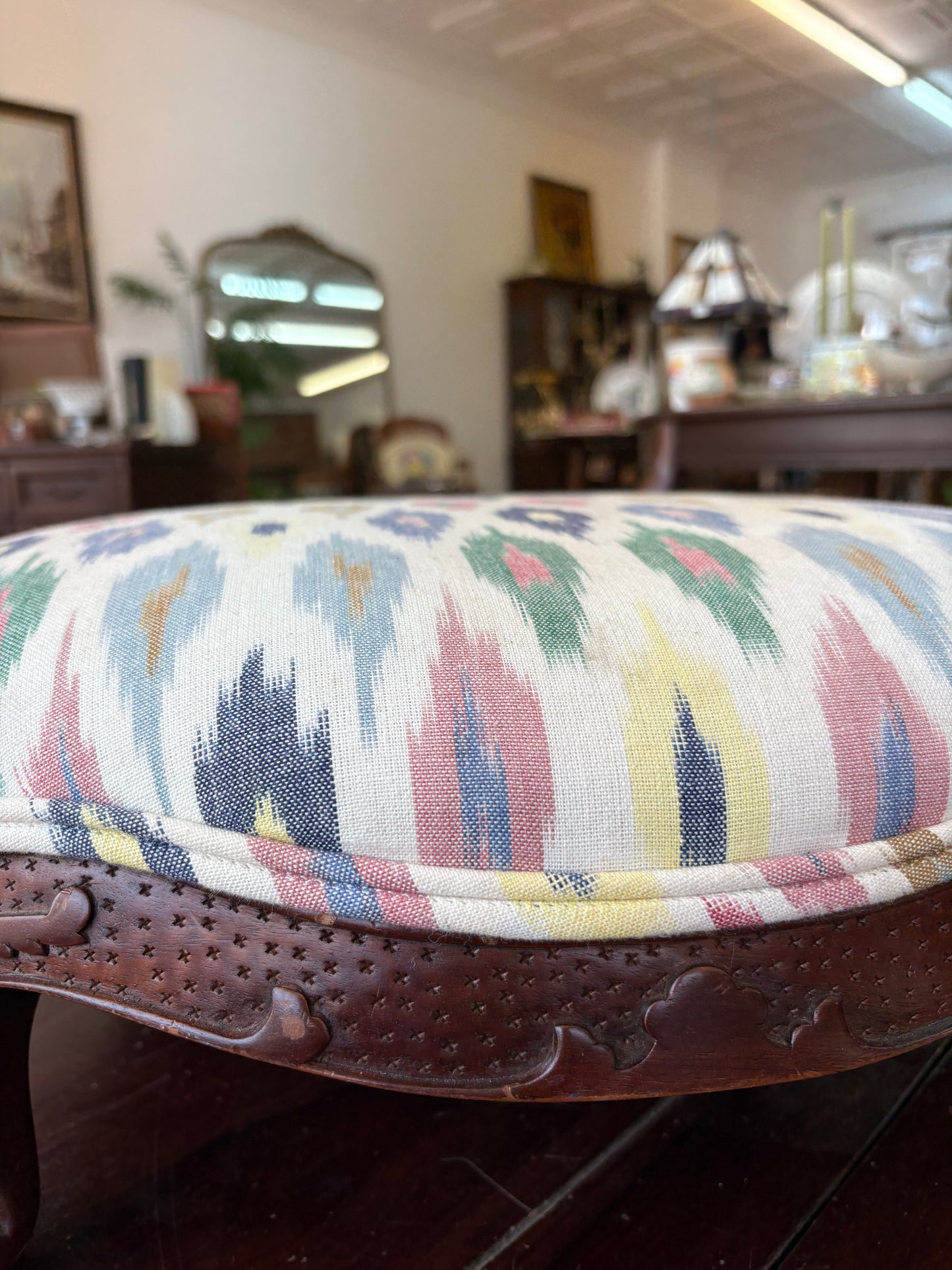 Vintage Carved Footstool – Ikat Upholstery, Cabriole Legs, 22″ × 19″ × 7″