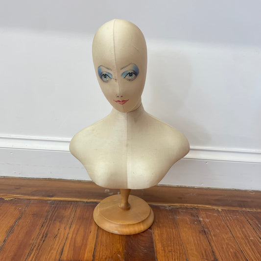 Vintage Hand-Painted Mannequin Bust – Upper Torso with Wooden Stand
