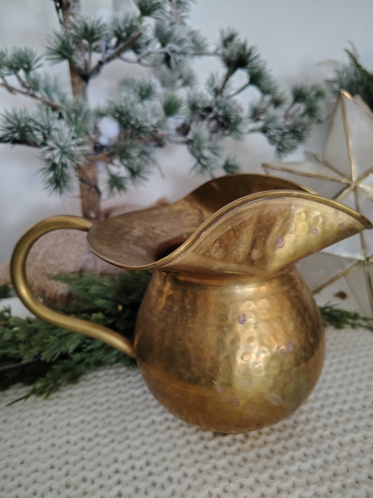 Vintage Hand-Hammered Brass Pitcher Rustic Fall Decor, Halloween Christmas, Farmhouse Style Vase or Jug (6” H x 8.5” W with Handle)