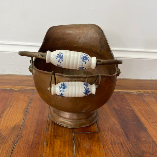 Antique Copper Fireplace Pitcher with Ceramic Handles and Lion Head Detail