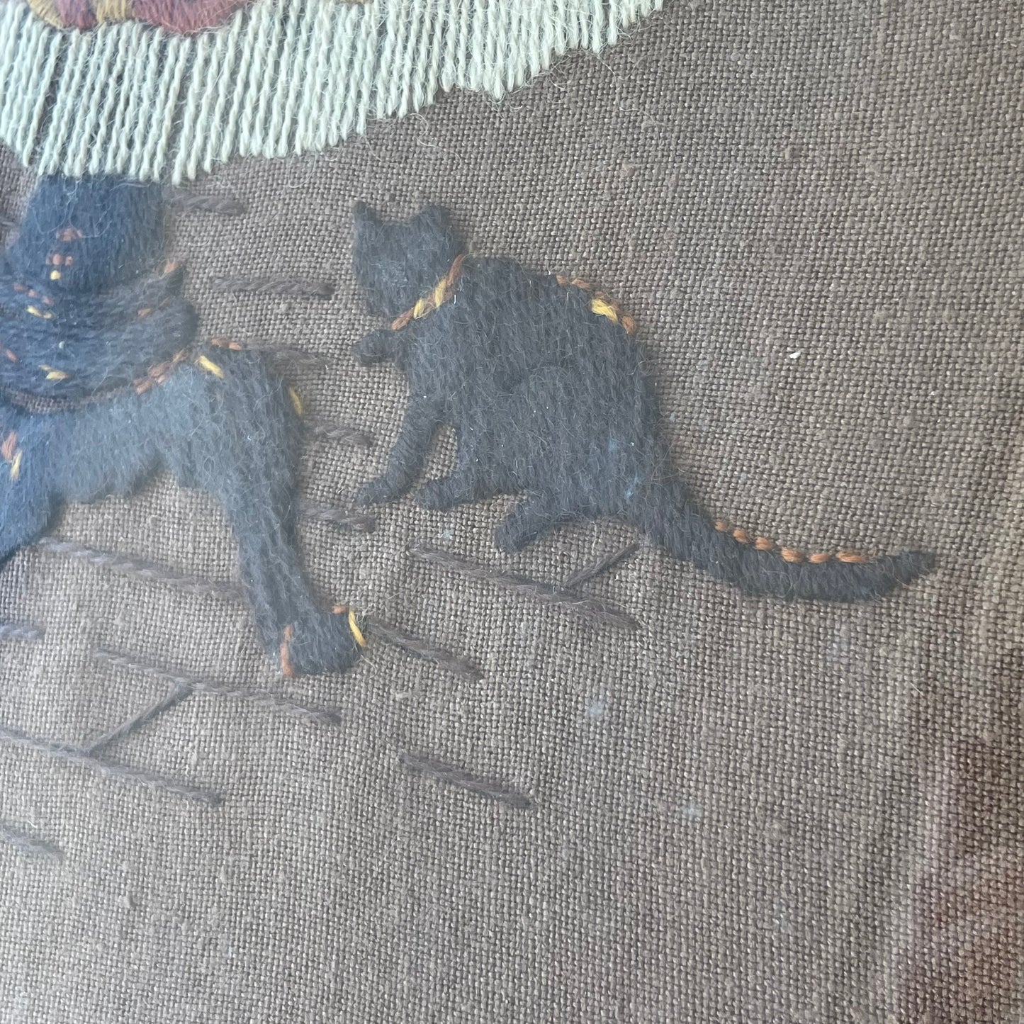 Vintage Still Life Needle Point in Gold Metal Frame, Cat at Tea Time Needlepoint, Embroidery Picture Frame, Table Lamp Crewel, Retro Crewel Art, Table for Tea with Staine c. 1970s Glass Light and Black Cat, Brown needlepoint of cat and table gold frame