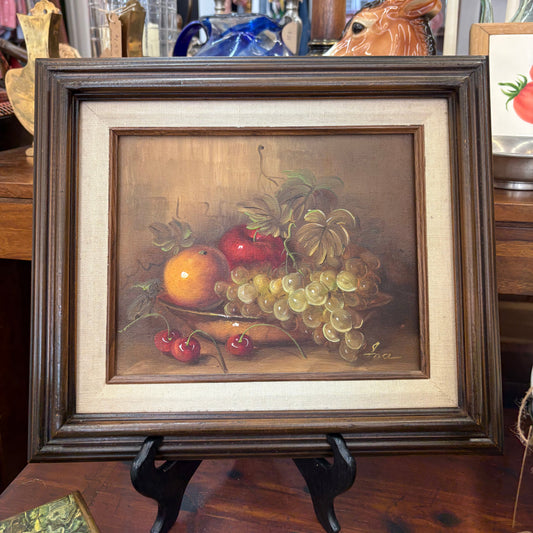 Classic Fruit Still Life Oil – Grapes, Cherries & Orange in Linen-Matted Frame 15″