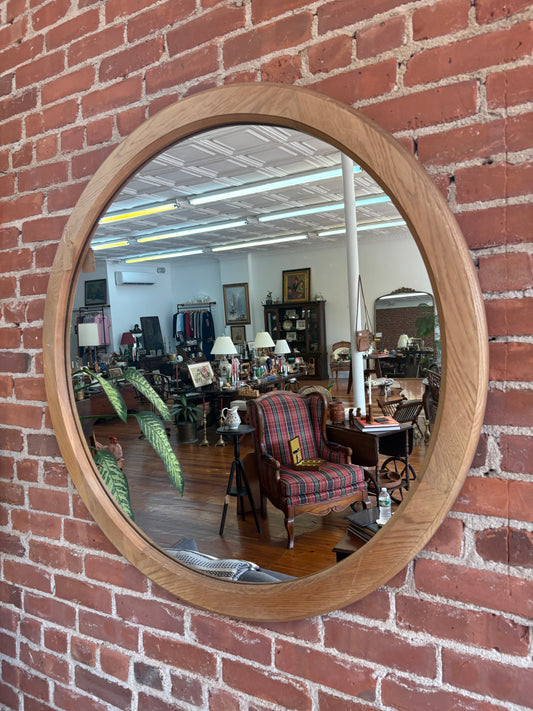 Large Round Wood Wall Mirror with Natural Finish, 41” Diameter