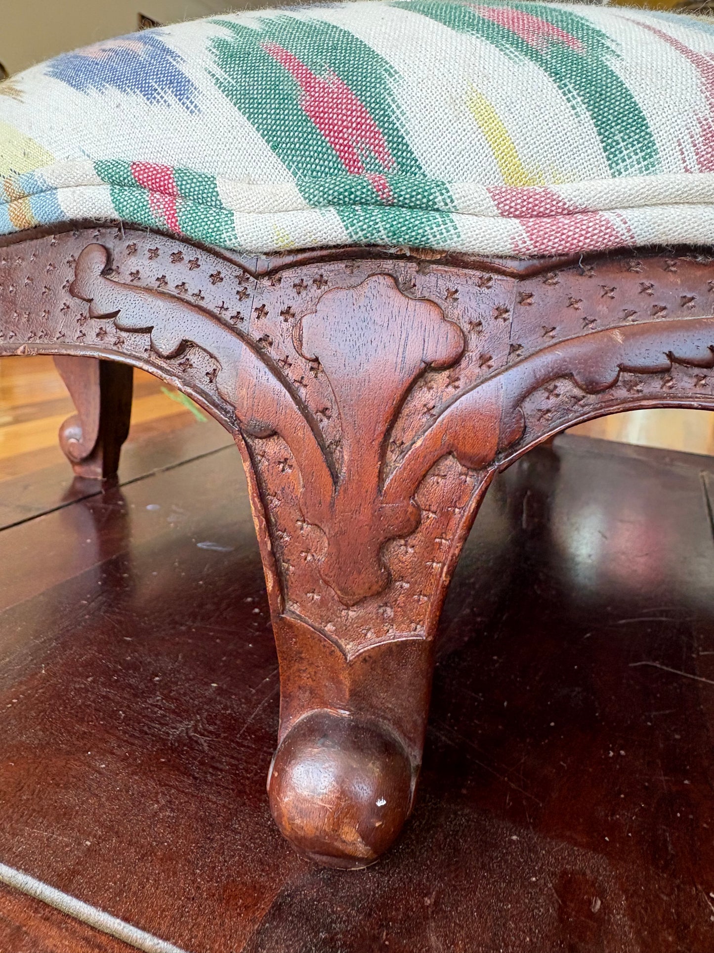 Vintage Carved Footstool – Ikat Upholstery, Cabriole Legs, 22″ × 19″ × 7″