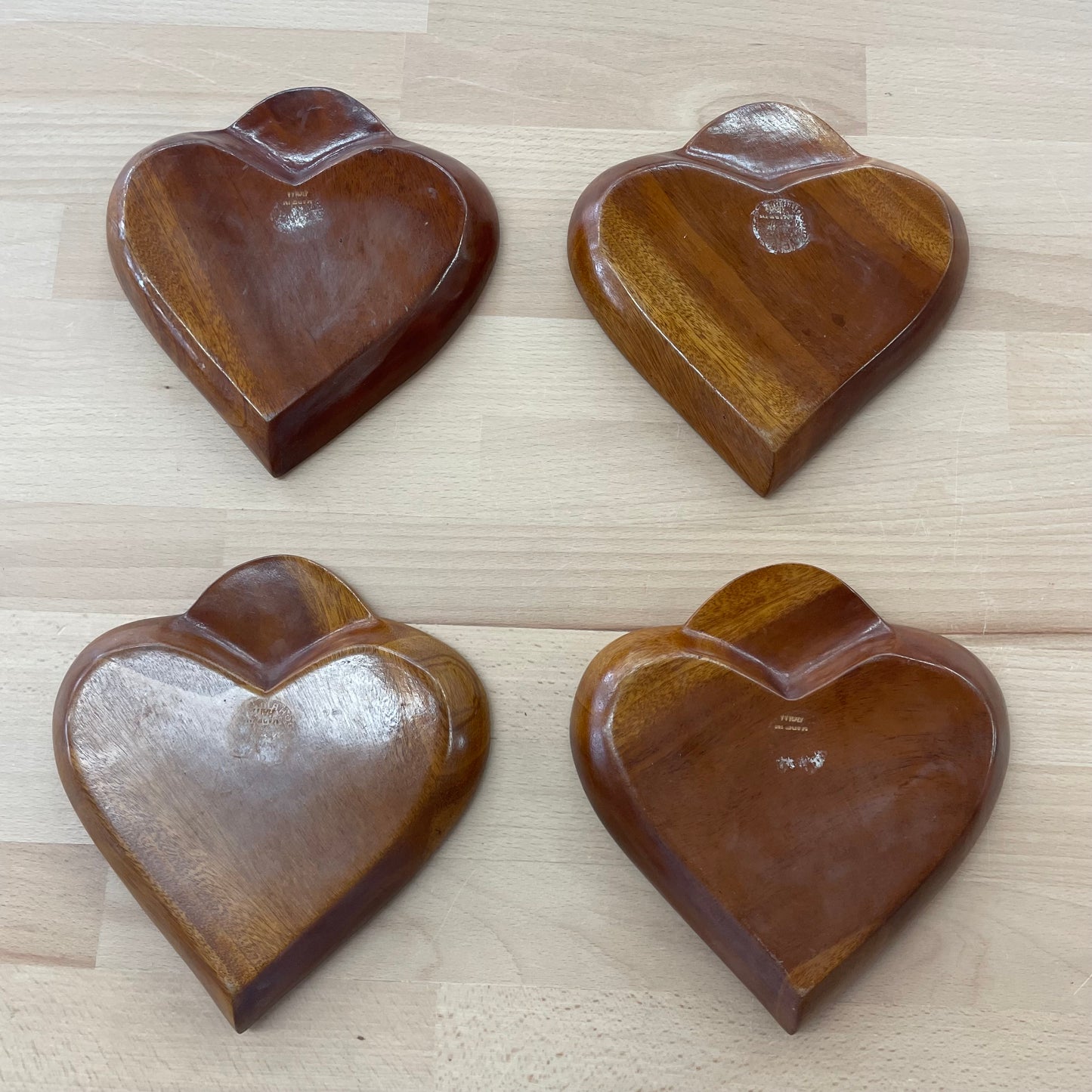 Vintage 70s Monkey Pod Wood Heart Tray Set – 5-Piece Carved Serving Dishes