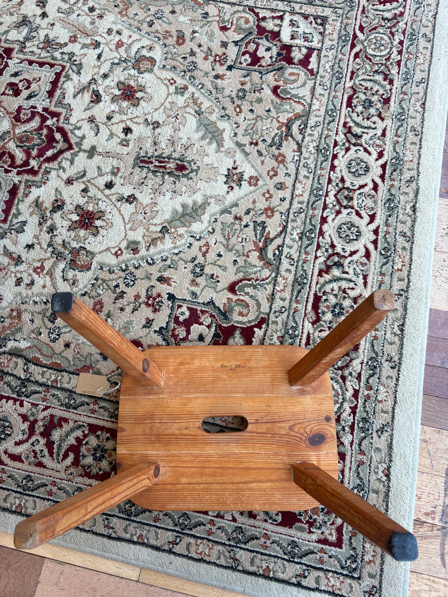 Signed “Karl 1993” Hand-Made Pine Stool – Tapered Legs, Carry Slot, 15″