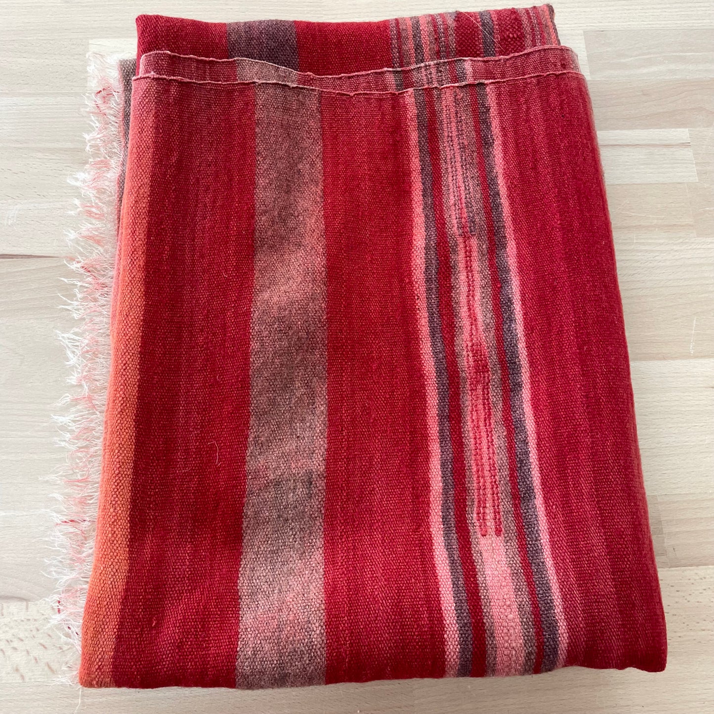 Vintage Wool Red Striped Blanket with Fringe – Handwoven Bohemian Throw (64” x 53”)