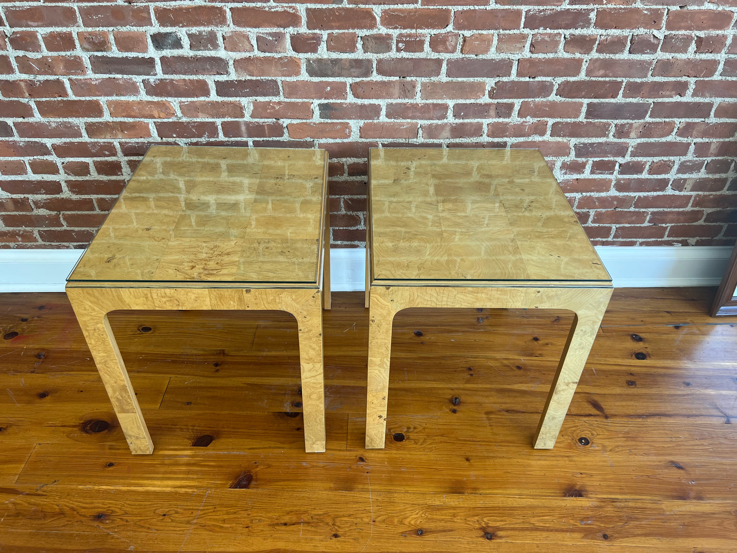 Pair of Henredon Scene Two Burl Wood & Glass End Tables, 1980s MCM