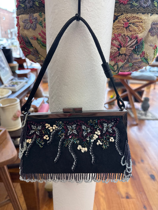 Vintage Fortune Black Beaded Evening Bag with Silver Frame and Fringe Bead Trim