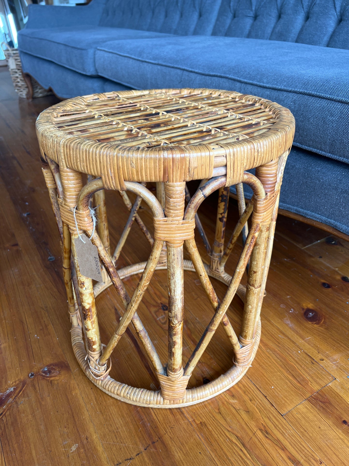 1960s Burnt Bamboo Drum Table – Tortoise Cane Plant Stand or Boho Side Table