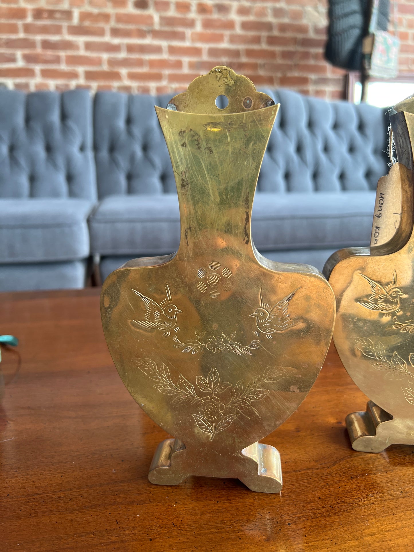 Mid-Century Etched Brass Wall Pockets – Pair of Bird & Floral Hanging Vases Hong Kong