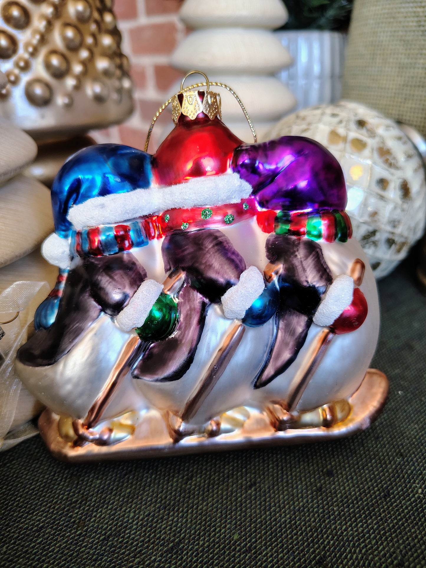Glass Christmas Ornament – Three Skiing Penguins in Winter Scarves & Hats