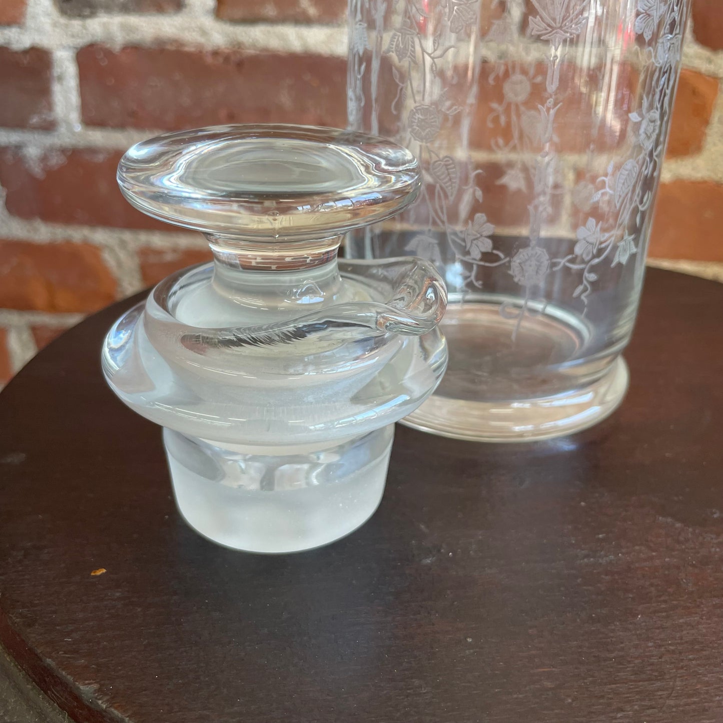 Tall Etched Glass Decanter with Stopper, Floral Design