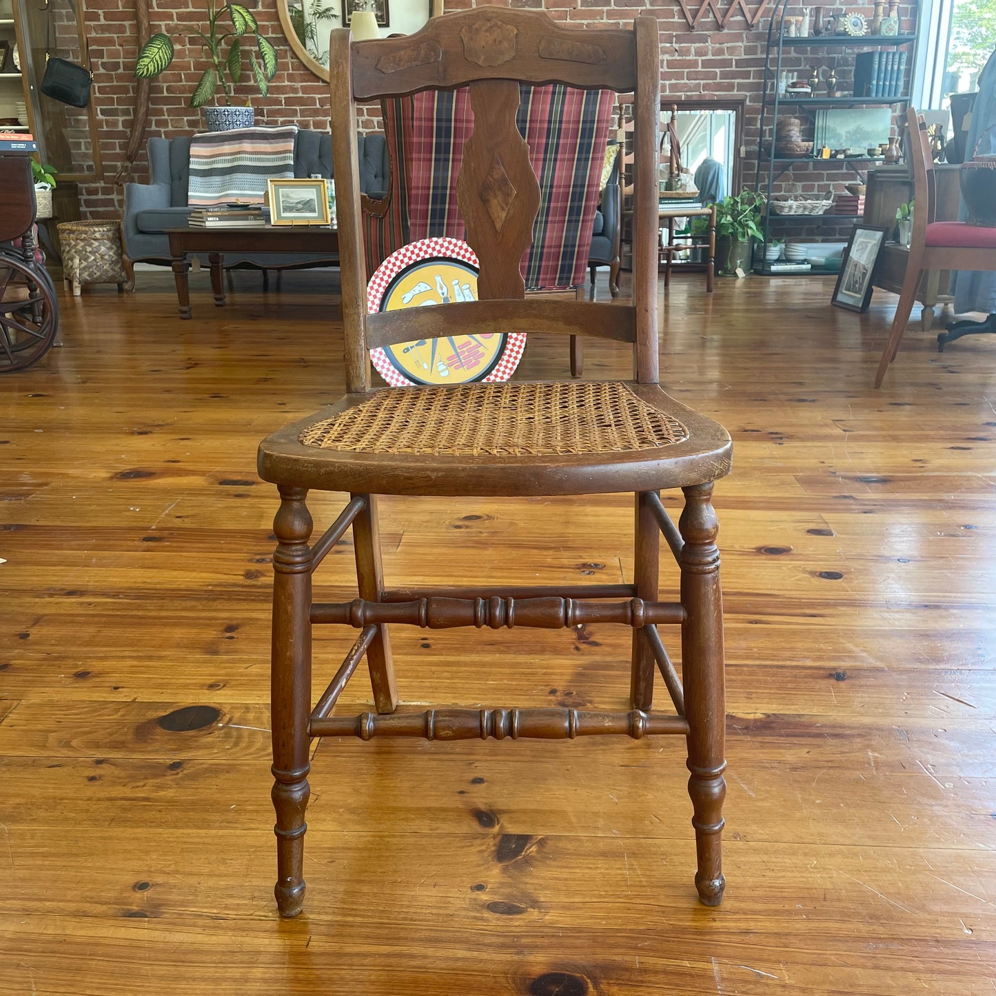Vintage Wooden Cane Chair with Diamond-Back Detail