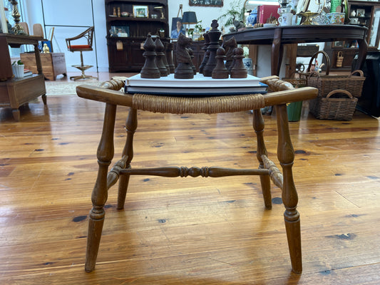 Vintage Wood Bench Stool with Woven Rush Seat, Turned Legs, 22” Wide