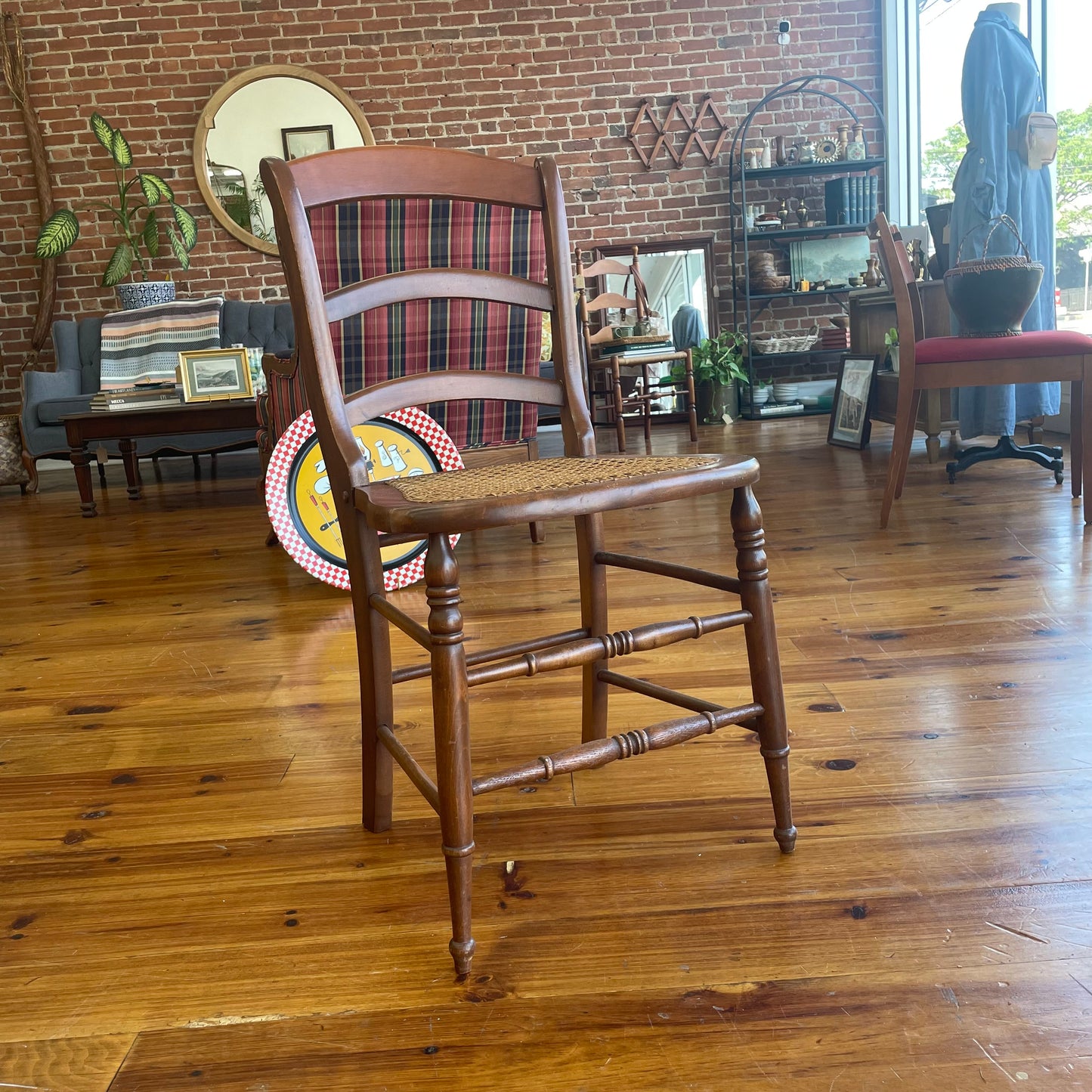 Classic Wooden Ladder-Back Cane Chair with Turned Legs