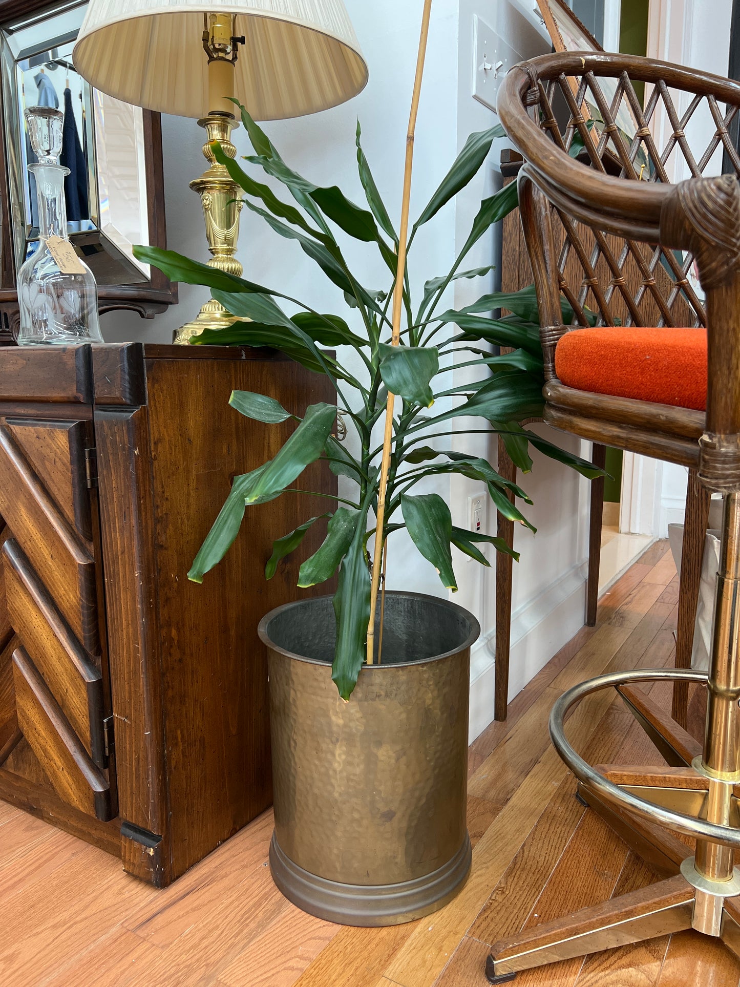 Large Hammered Brass Planter – Cylindrical Mid-Century Cachepot, 14″ × 12″