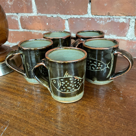 Studio Pottery Fish Mugs – Set of 5 Rustic Hand-Thrown Cups