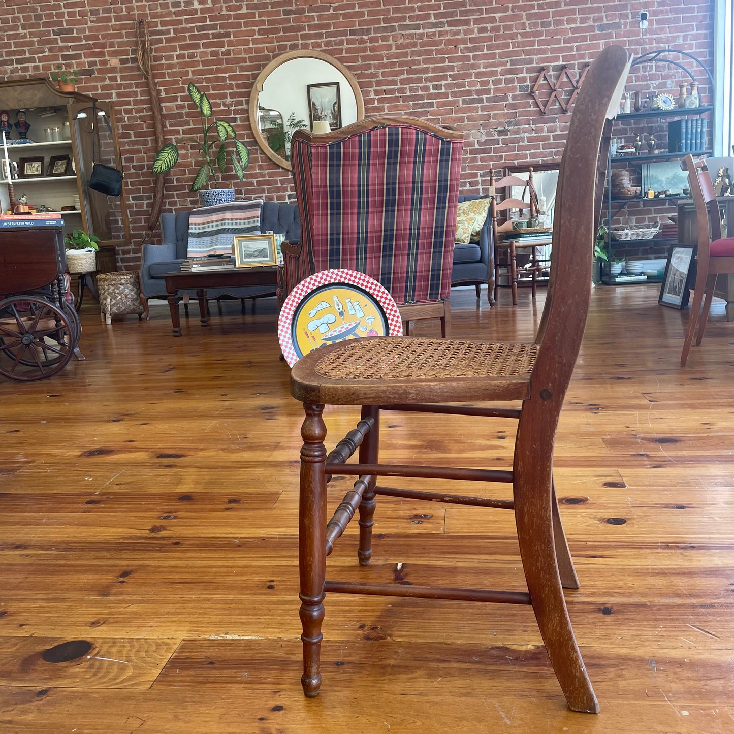 Vintage Wooden Cane Chair with Diamond-Back Detail