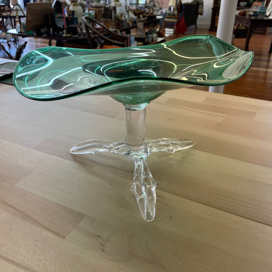 Hand-Blown Green Art Glass Bowl with Sculptural Tripod Pedestal Base