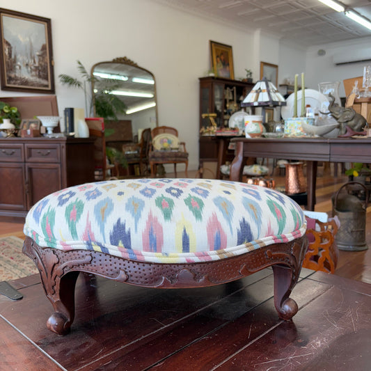 Vintage Carved Footstool – Ikat Upholstery, Cabriole Legs, 22″ × 19″ × 7″