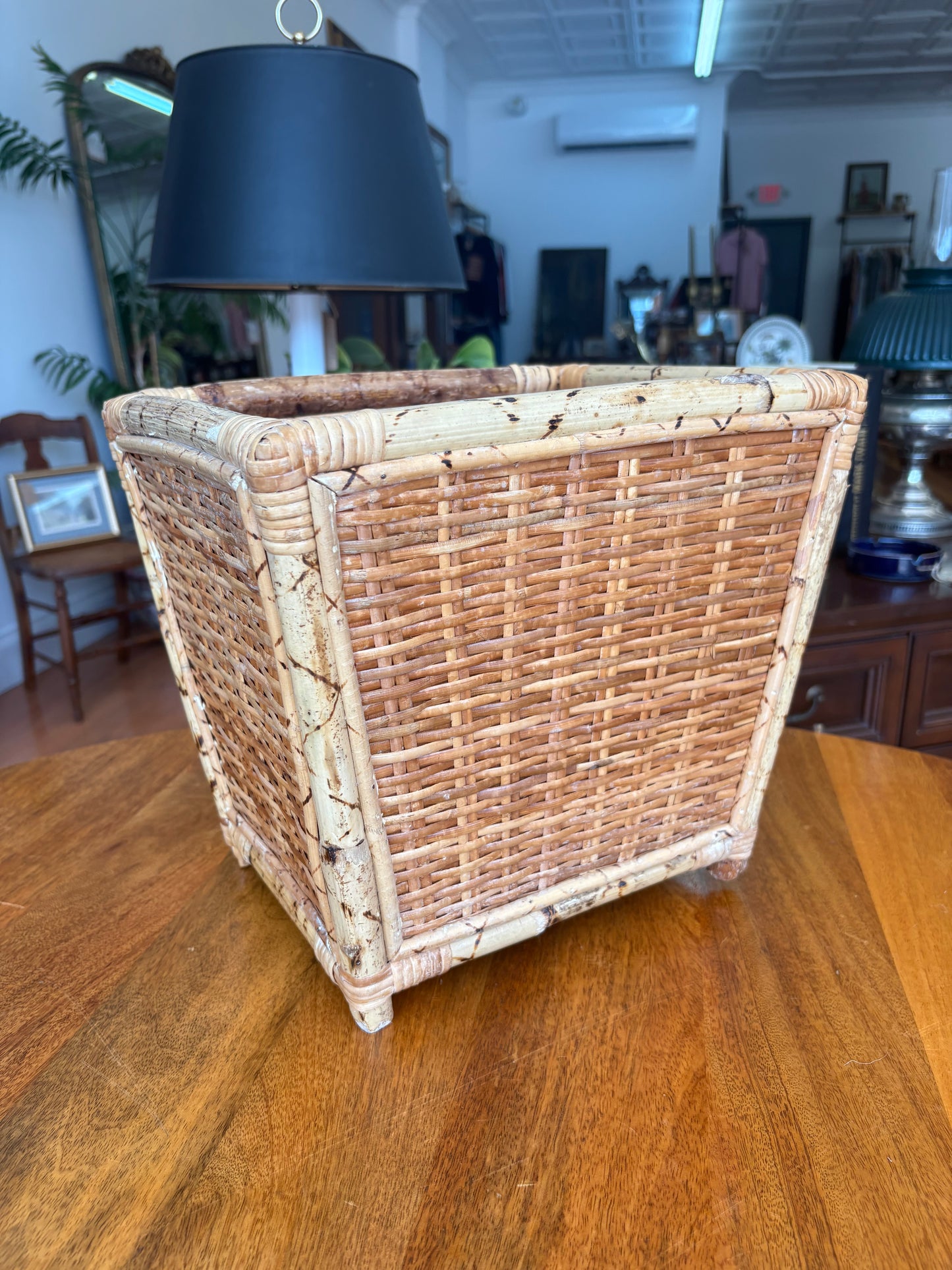 Vintage Bamboo & Wicker Wastebasket or Planter – Boho Mid-Century Charm