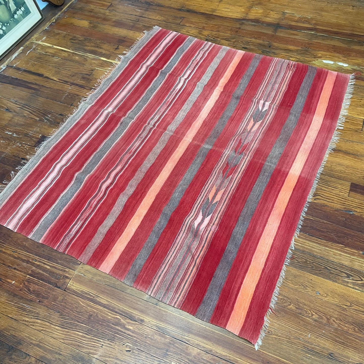 Vintage Wool Red Striped Blanket with Fringe – Handwoven Bohemian Throw (64” x 53”)