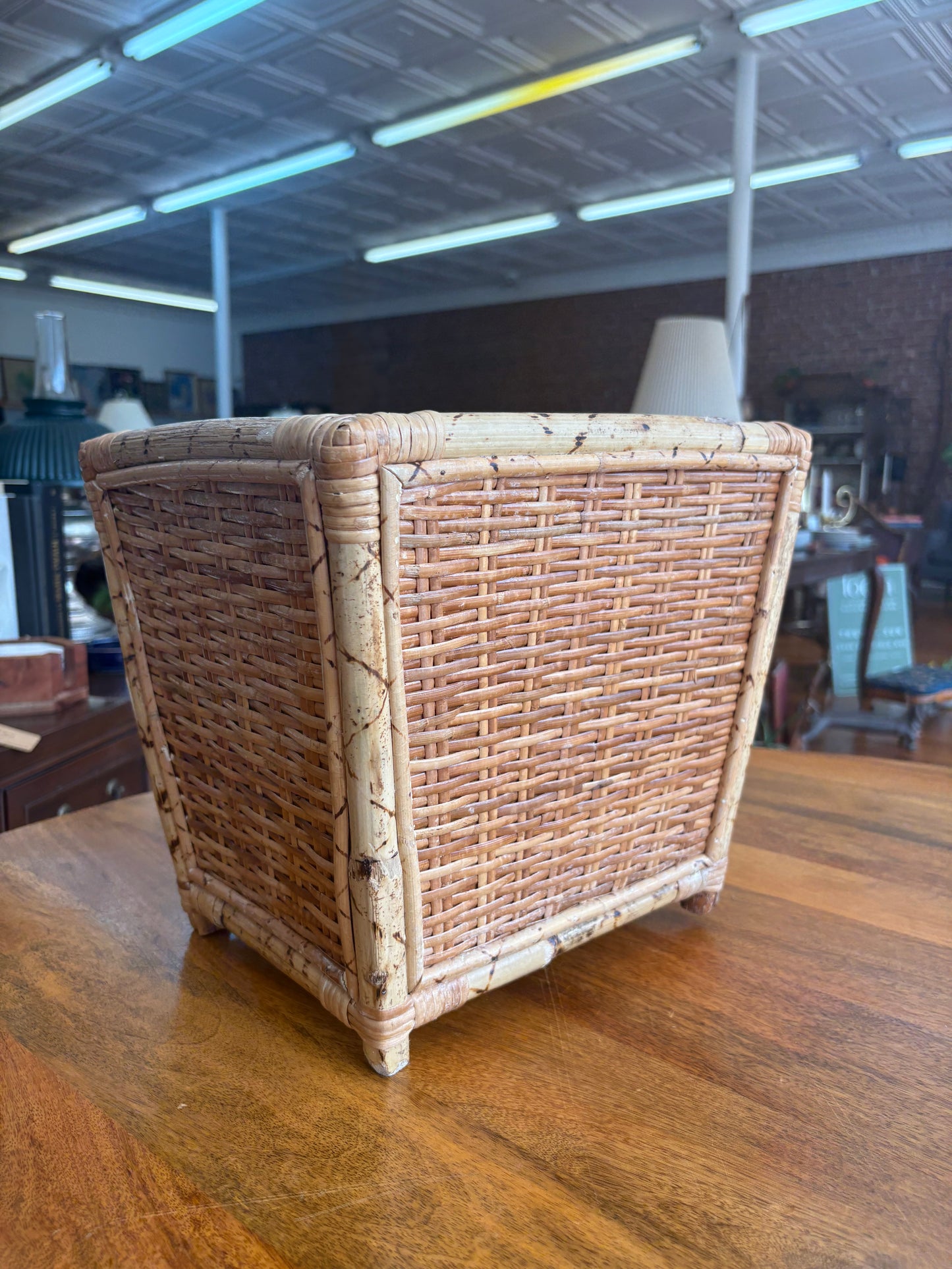 Vintage Bamboo & Wicker Wastebasket or Planter – Boho Mid-Century Charm