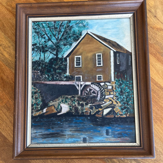 Watermill Landscape Painting – Vincent Farara, 1960, Oil on Canvas in Wood Frame