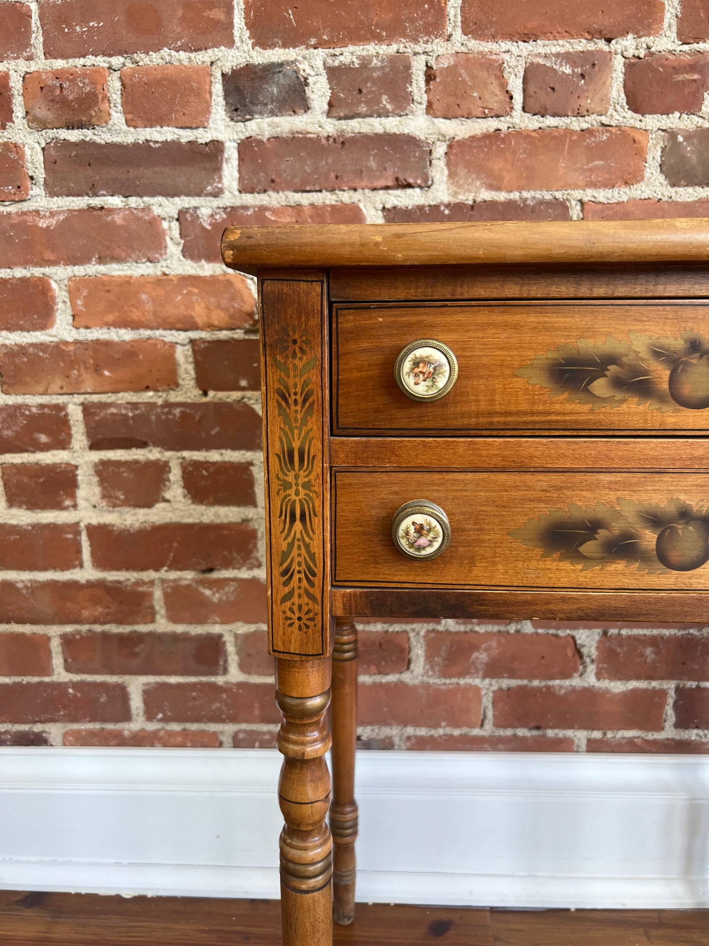 Antique Hitchcock Two-Drawer Side Table with Stenciled Fruit Design