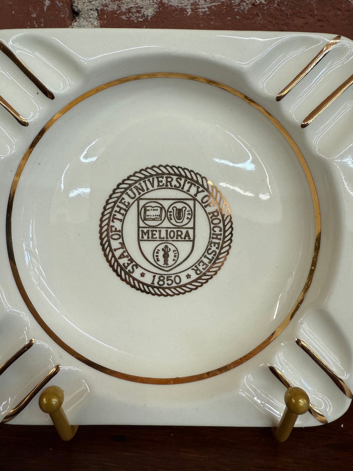 Vintage University of Rochester Ashtray – U.S. Bunting Co. Pottery, 5.5” Square Ceramic with Gold Trim